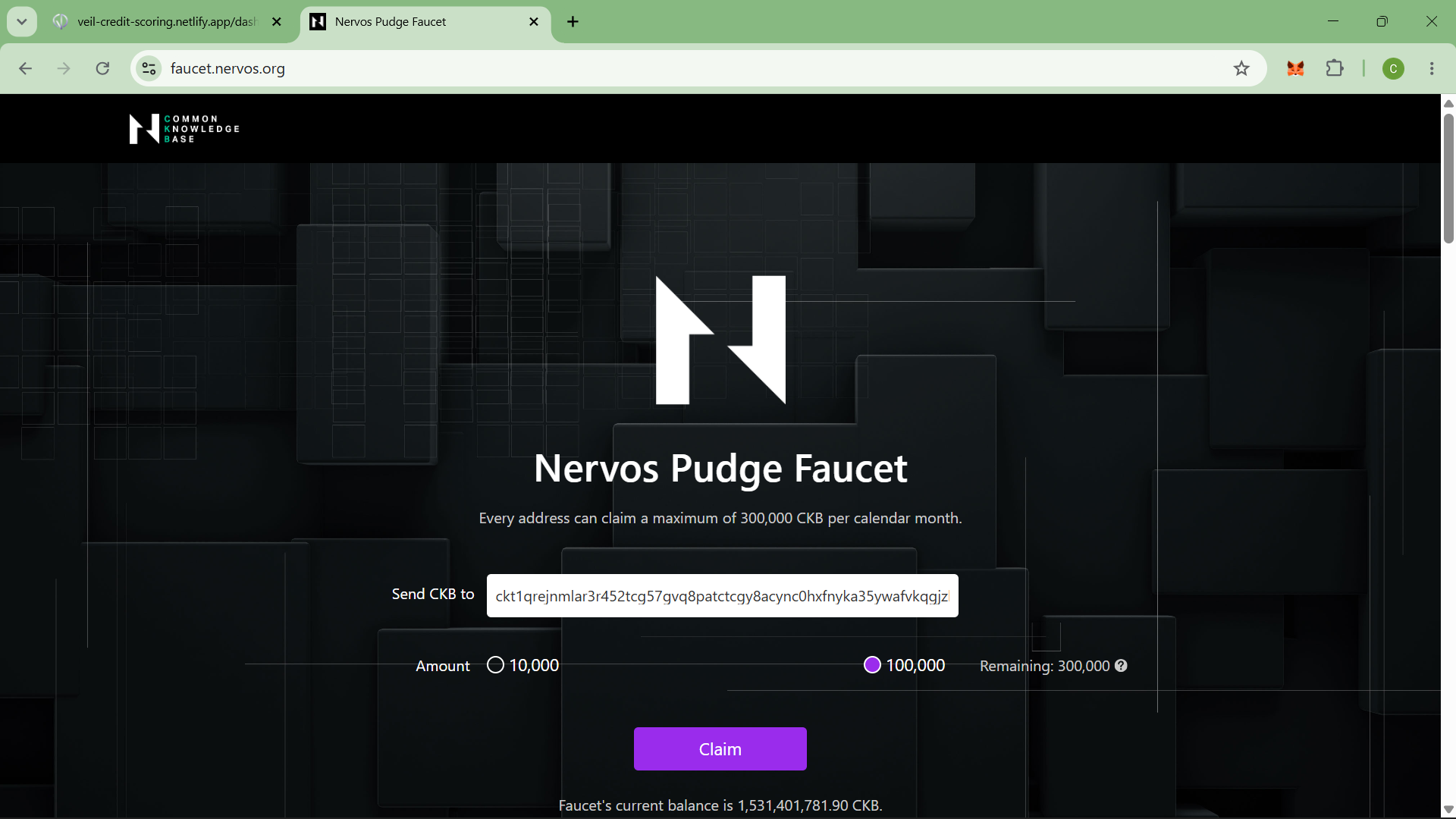 Nervos Pudge Faucet claim form with CKB address pasted